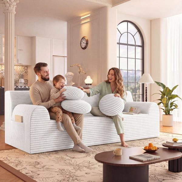 English Elm 71" Corduroy Cloud Loveseat Low Profile Deep Seat Sofa with Pillows for Apartment Cream White W5571P509747