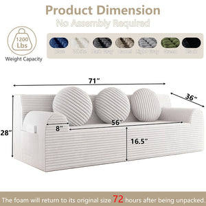 English Elm 71" Corduroy Cloud Loveseat Low Profile Deep Seat Sofa with Pillows for Apartment Cream White W5571P509747