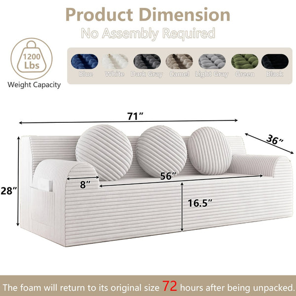 English Elm 71" Corduroy Cloud Loveseat Low Profile Deep Seat Sofa with Pillows for Apartment Cream White W5571P509747