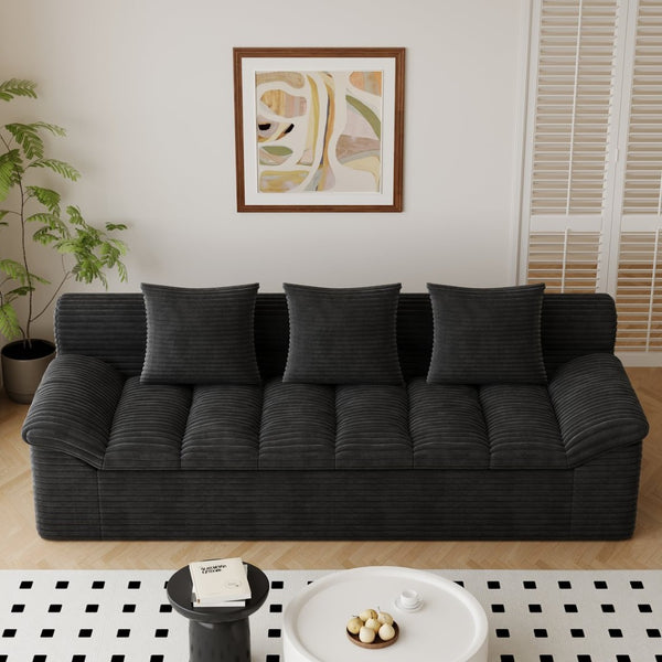 English Elm 71" Corduroy Floor Loveseat Deep Sink-in Seating with Side Pockets and Throw Pillows Antique Black W5571P529311