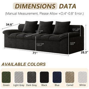 English Elm 71" Corduroy Floor Loveseat Deep Sink-in Seating with Side Pockets and Throw Pillows Antique Black W5571P529311