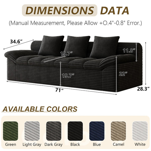 English Elm 71" Corduroy Floor Loveseat Deep Sink-in Seating with Side Pockets and Throw Pillows Antique Black W5571P529311