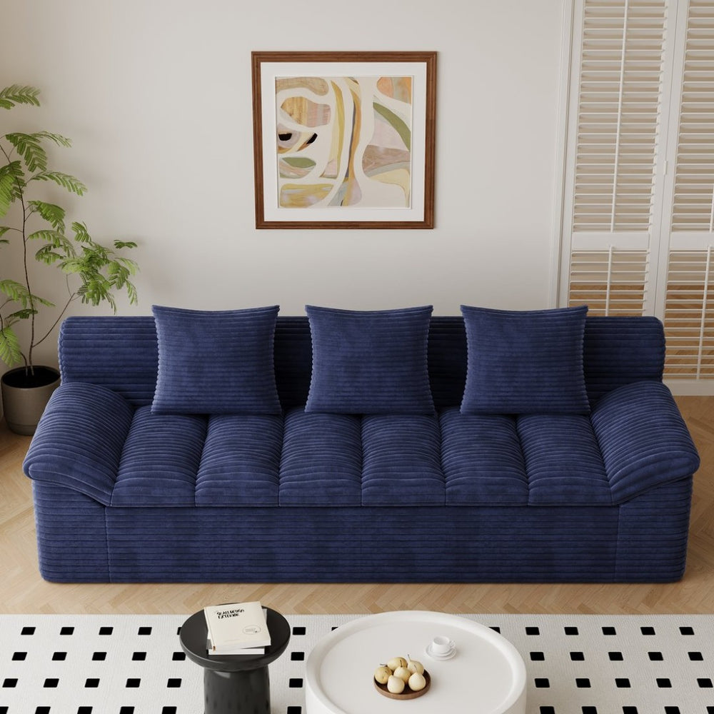 English Elm 71" Corduroy Floor Loveseat Deep Sink-in Seating with Side Pockets and Throw Pillows Aged Blue W5571P529312