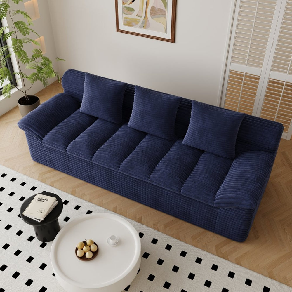 English Elm 71" Corduroy Floor Loveseat Deep Sink-in Seating with Side Pockets and Throw Pillows Aged Blue W5571P529312