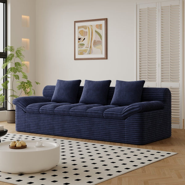 English Elm 71" Corduroy Floor Loveseat Deep Sink-in Seating with Side Pockets and Throw Pillows Aged Blue W5571P529312