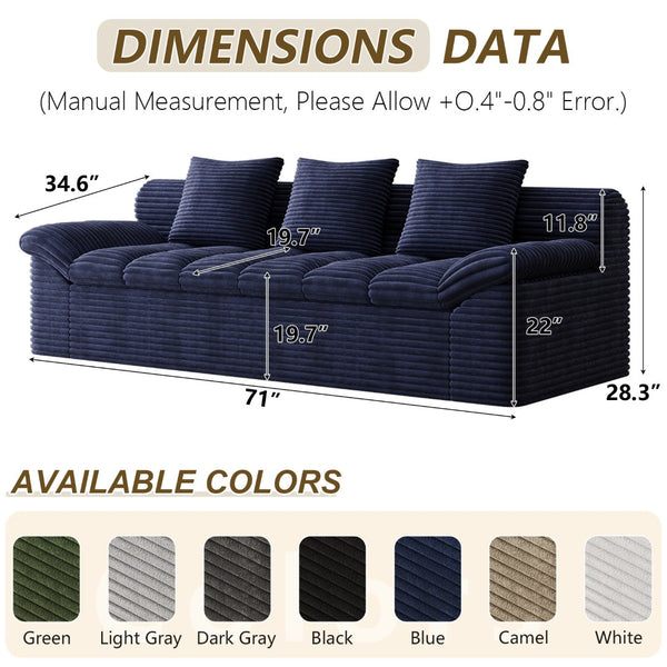 English Elm 71" Corduroy Floor Loveseat Deep Sink-in Seating with Side Pockets and Throw Pillows Aged Blue W5571P529312