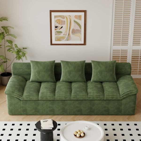 English Elm 71" Corduroy Floor Loveseat Deep Sink-in Seating with Side Pockets and Throw Pillows Antique Green W5571P529313