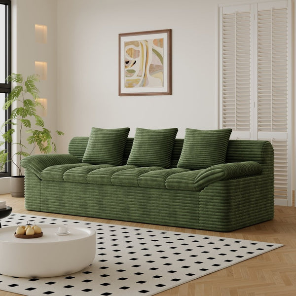 English Elm 71" Corduroy Floor Loveseat Deep Sink-in Seating with Side Pockets and Throw Pillows Antique Green W5571P529313