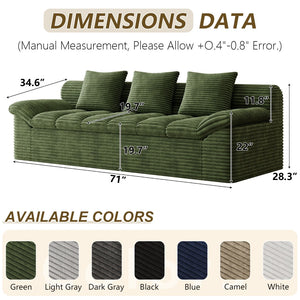 English Elm 71" Corduroy Floor Loveseat Deep Sink-in Seating with Side Pockets and Throw Pillows Antique Green W5571P529313