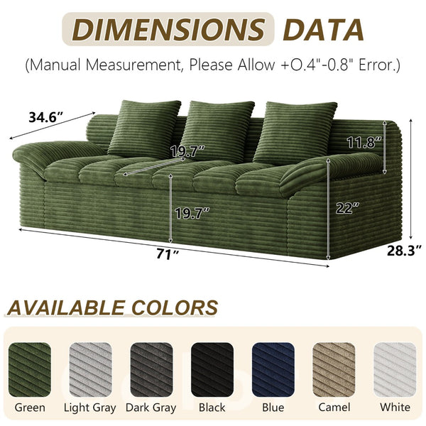 English Elm 71" Corduroy Floor Loveseat Deep Sink-in Seating with Side Pockets and Throw Pillows Antique Green W5571P529313