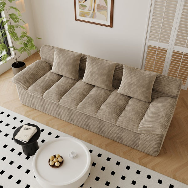 English Elm 71" Corduroy Floor Loveseat Deep Sink-in Seating with Side Pockets and Throw Pillows Camel W5571P529314