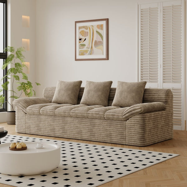 English Elm 71" Corduroy Floor Loveseat Deep Sink-in Seating with Side Pockets and Throw Pillows Camel W5571P529314