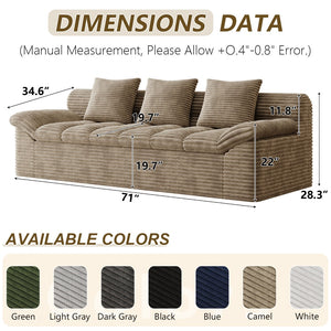English Elm 71" Corduroy Floor Loveseat Deep Sink-in Seating with Side Pockets and Throw Pillows Camel W5571P529314