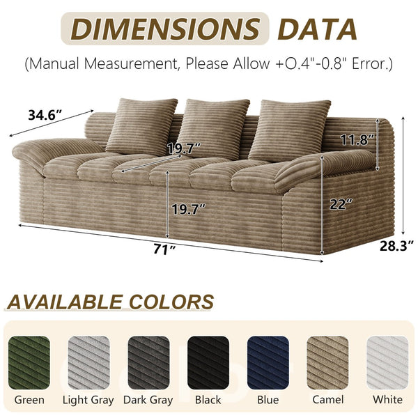 English Elm 71" Corduroy Floor Loveseat Deep Sink-in Seating with Side Pockets and Throw Pillows Camel W5571P529314