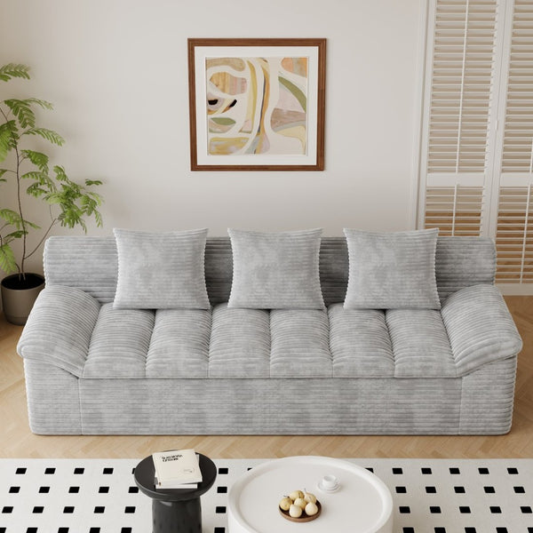 English Elm 71" Corduroy Floor Loveseat Deep Sink-in Seating with Side Pockets and Throw Pillows Light Grey W5571P529315