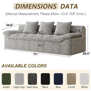 English Elm 71" Corduroy Floor Loveseat Deep Sink-in Seating with Side Pockets and Throw Pillows Light Grey W5571P529315