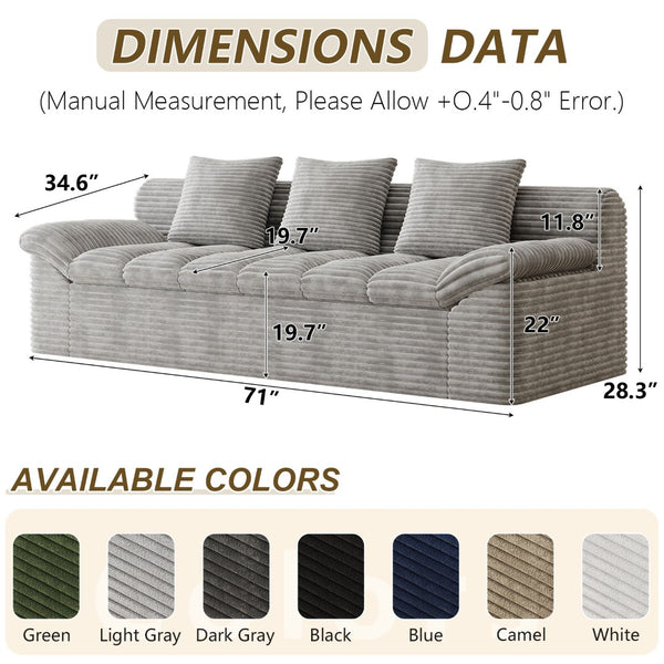 English Elm 71" Corduroy Floor Loveseat Deep Sink-in Seating with Side Pockets and Throw Pillows Light Grey W5571P529315