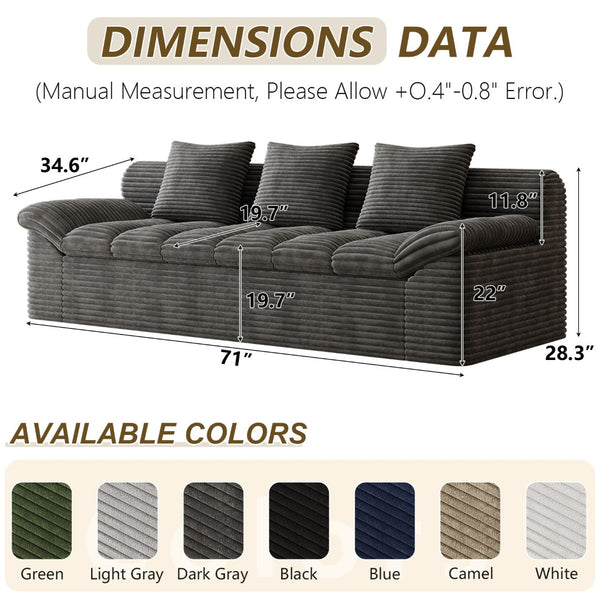 English Elm 71" Corduroy Floor Loveseat Deep Sink-in Seating with Side Pockets and Throw Pillows Dark Grey W5571P529316