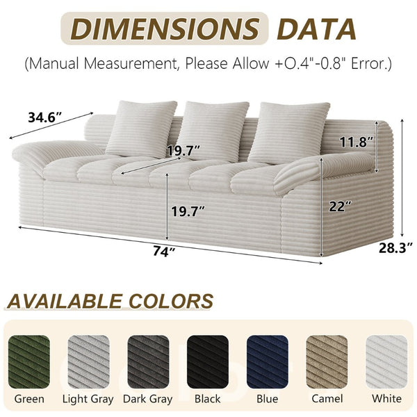 English Elm 71" Corduroy Floor Loveseat Deep Sink-in Seating with Side Pockets and Throw Pillows Cream White W5571P529317