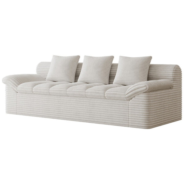 English Elm 71" Corduroy Floor Loveseat Deep Sink-in Seating with Side Pockets and Throw Pillows Cream White W5571P529317