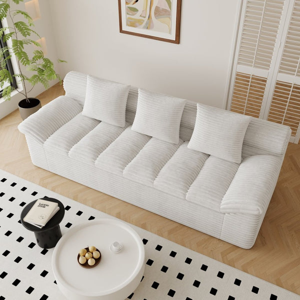 English Elm 71" Corduroy Floor Loveseat Deep Sink-in Seating with Side Pockets and Throw Pillows Cream White W5571P529317