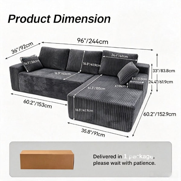English Elm 96 Inch Frameless Cloud Sectional Chaise Sofa Deep Foam Modular Lounge for Living Room W5572P518100