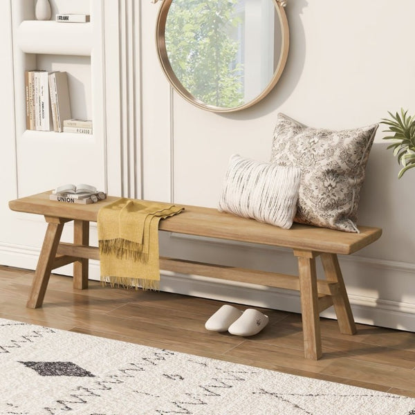 English Elm 55 Inch Solid Rubberwood Trestle Bench Farmhouse Entryway Dining Seat with Open Storage W5599P512752