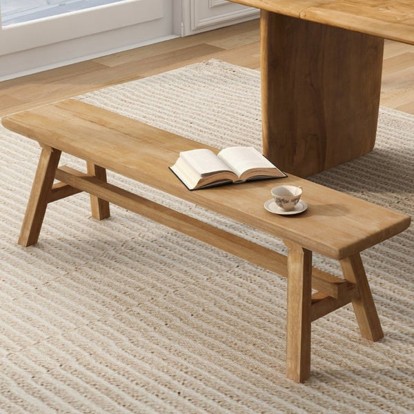 English Elm 55 Inch Solid Rubberwood Trestle Bench Farmhouse Entryway Dining Seat with Open Storage W5599P512752