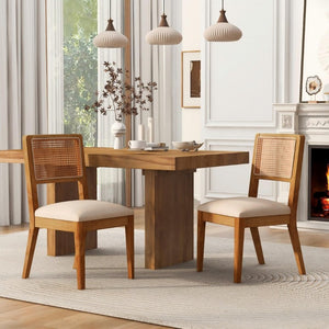 English Elm Set of 2 Rubberwood Dining Chairs Woven Fabric Ergonomic Seat for Small Apartment Natural+Beige W5599P512785
