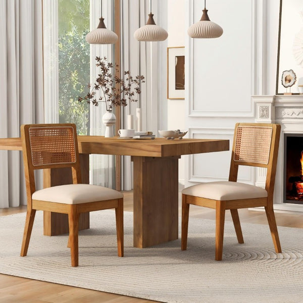 English Elm Set of 2 Rubberwood Dining Chairs Woven Fabric Ergonomic Seat for Small Apartment Natural+Beige W5599P512785