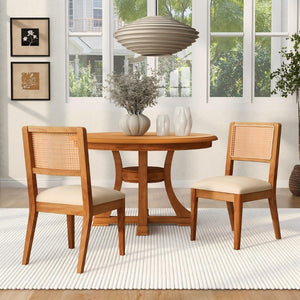English Elm Set of 2 Rubberwood Dining Chairs Woven Fabric Ergonomic Seat for Small Apartment Natural+Beige W5599P512785