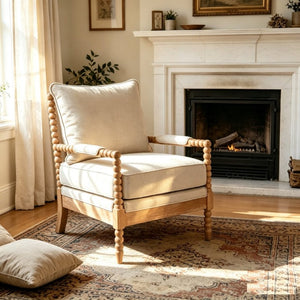 English Elm Rubber Wood Farmhouse Accent Chair Carved Spindle Frame Linen Upholstery Reading Nook Natural + Beige W5599P512815
