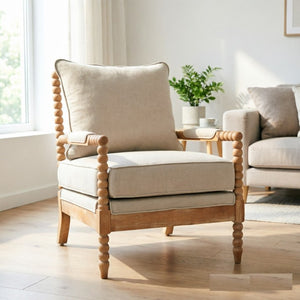 English Elm Rubber Wood Farmhouse Accent Chair Carved Spindle Frame Linen Upholstery Reading Nook Natural + Beige W5599P512815