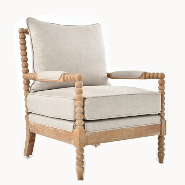 English Elm Rubber Wood Farmhouse Accent Chair Carved Spindle Frame Linen Upholstery Reading Nook Natural + Beige W5599P512815