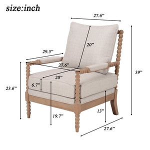 English Elm Rubber Wood Farmhouse Accent Chair Carved Spindle Frame Linen Upholstery Reading Nook Natural + Beige W5599P512815