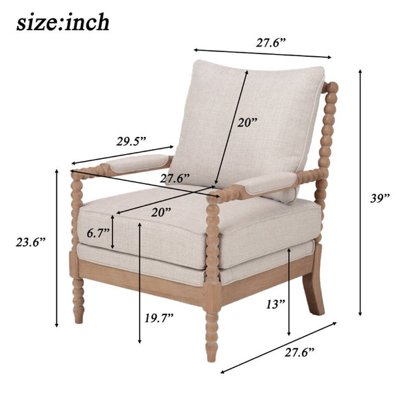 English Elm Rubber Wood Farmhouse Accent Chair Carved Spindle Frame Linen Upholstery Reading Nook Natural + Beige W5599P512815