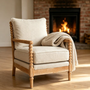 English Elm Rubber Wood Farmhouse Accent Chair Carved Spindle Frame Linen Upholstery Reading Nook Natural + Beige W5599P512815
