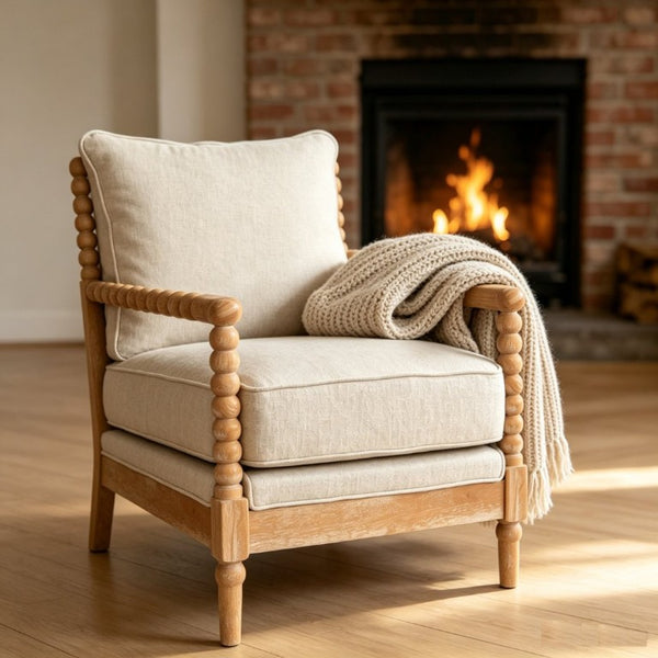 English Elm Rubber Wood Farmhouse Accent Chair Carved Spindle Frame Linen Upholstery Reading Nook Natural + Beige W5599P512815