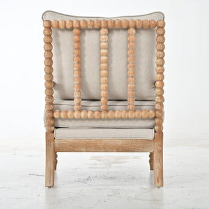 English Elm Rubber Wood Farmhouse Accent Chair Carved Spindle Frame Linen Upholstery Reading Nook Natural + Beige W5599P512815