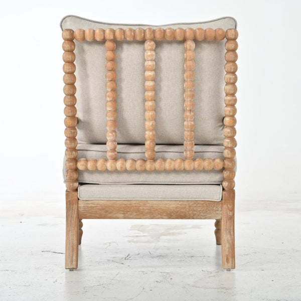English Elm Rubber Wood Farmhouse Accent Chair Carved Spindle Frame Linen Upholstery Reading Nook Natural + Beige W5599P512815