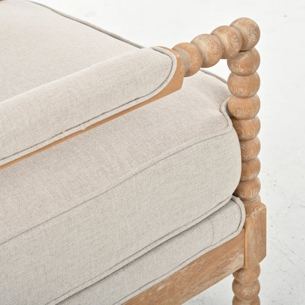 English Elm Rubber Wood Farmhouse Accent Chair Carved Spindle Frame Linen Upholstery Reading Nook Natural + Beige W5599P512815