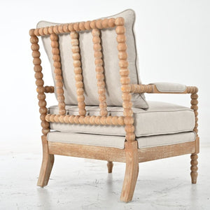 English Elm Rubber Wood Farmhouse Accent Chair Carved Spindle Frame Linen Upholstery Reading Nook Natural + Beige W5599P512815