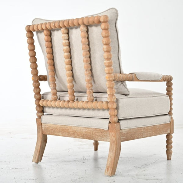 English Elm Rubber Wood Farmhouse Accent Chair Carved Spindle Frame Linen Upholstery Reading Nook Natural + Beige W5599P512815