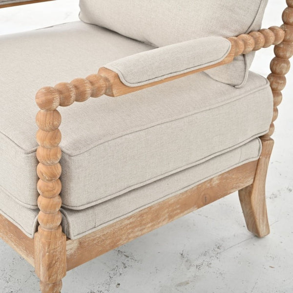 English Elm Rubber Wood Farmhouse Accent Chair Carved Spindle Frame Linen Upholstery Reading Nook Natural + Beige W5599P512815