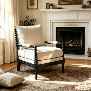 English Elm Rubber Wood Farmhouse Accent Chair Carved Spindle Frame Linen Upholstery Reading Nook Black + Gray W5599P512830