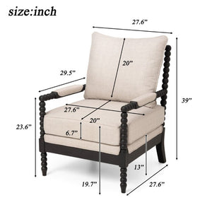 English Elm Rubber Wood Farmhouse Accent Chair Carved Spindle Frame Linen Upholstery Reading Nook Black + Gray W5599P512830