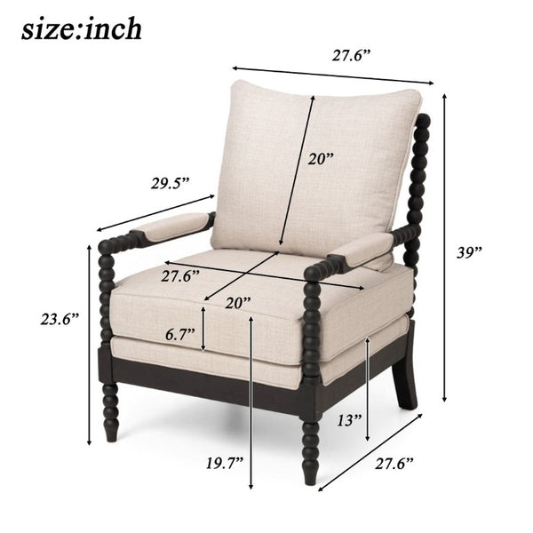 English Elm Rubber Wood Farmhouse Accent Chair Carved Spindle Frame Linen Upholstery Reading Nook Black + Gray W5599P512830