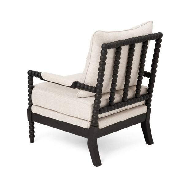 English Elm Rubber Wood Farmhouse Accent Chair Carved Spindle Frame Linen Upholstery Reading Nook Black + Gray W5599P512830