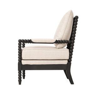 English Elm Rubber Wood Farmhouse Accent Chair Carved Spindle Frame Linen Upholstery Reading Nook Black + Gray W5599P512830