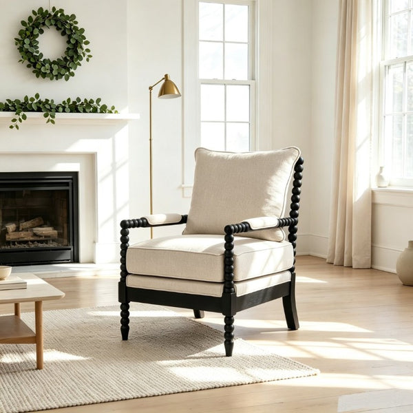 English Elm Rubber Wood Farmhouse Accent Chair Carved Spindle Frame Linen Upholstery Reading Nook Black + Gray W5599P512830